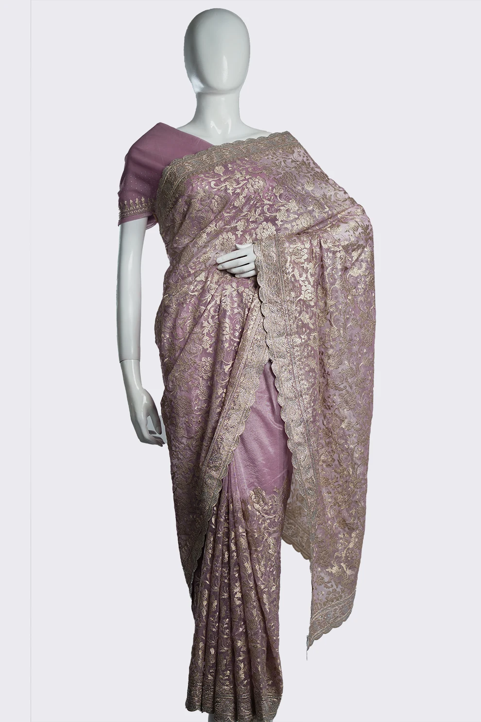 Onion Soft Seemari Muslin Saree with Siroski Stone & Benaroshi Motif Jari Embroidery Work